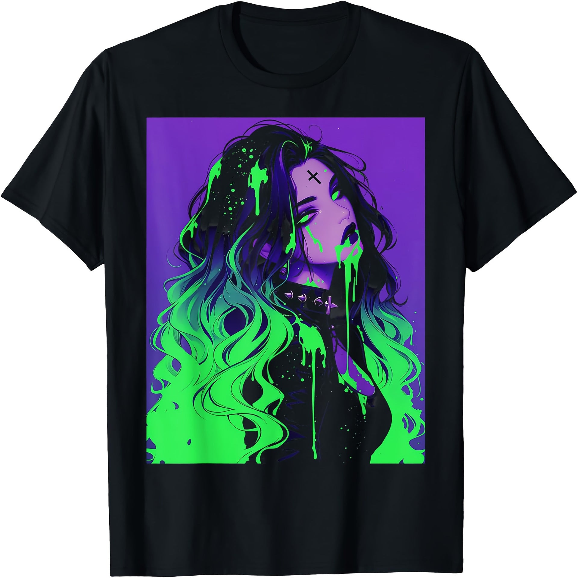 Cotton Green Purple Neon Punk T-shirt (Black, L)