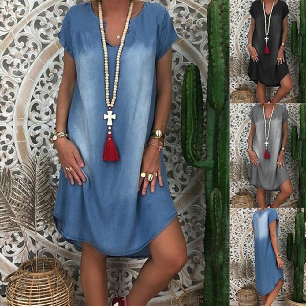 Hem Short Sleeve Denim Dress (Black, XXL)