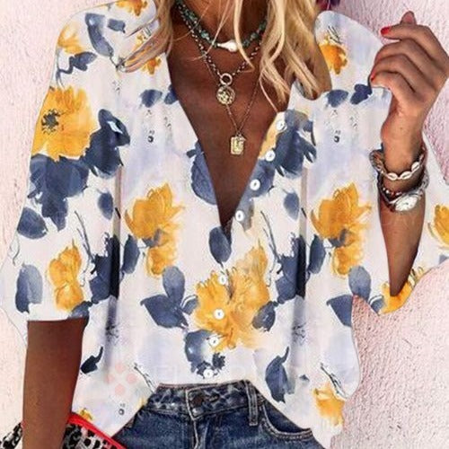 Women's V-neck Long Sleeve Stand Collar Blouse (Blue, L)