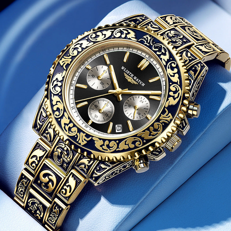 Vintage Engraving Quartz Multi-function Men's Watch (6208 Black Gold 1 Style)