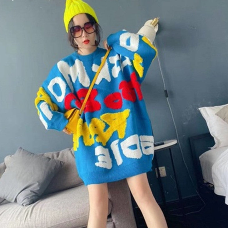 Cartoon Sweater For Women Loose Thick Western Style Women's Clothing (Black, Free Size)
