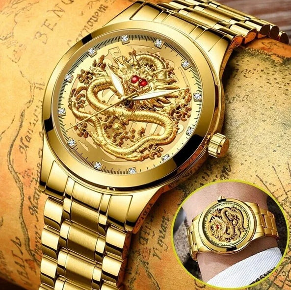 Men's Gold Diamond Business Waterproof Quartz Watch Classic Stainless Steel (Gold)