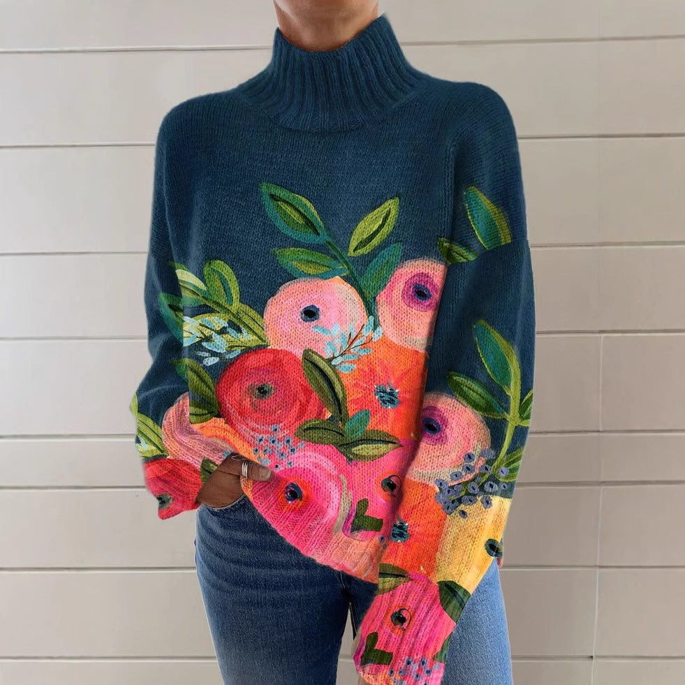 New 3D Color Matching Printed Turtleneck Long-sleeved Sweater For Women (Black Line E127, L)