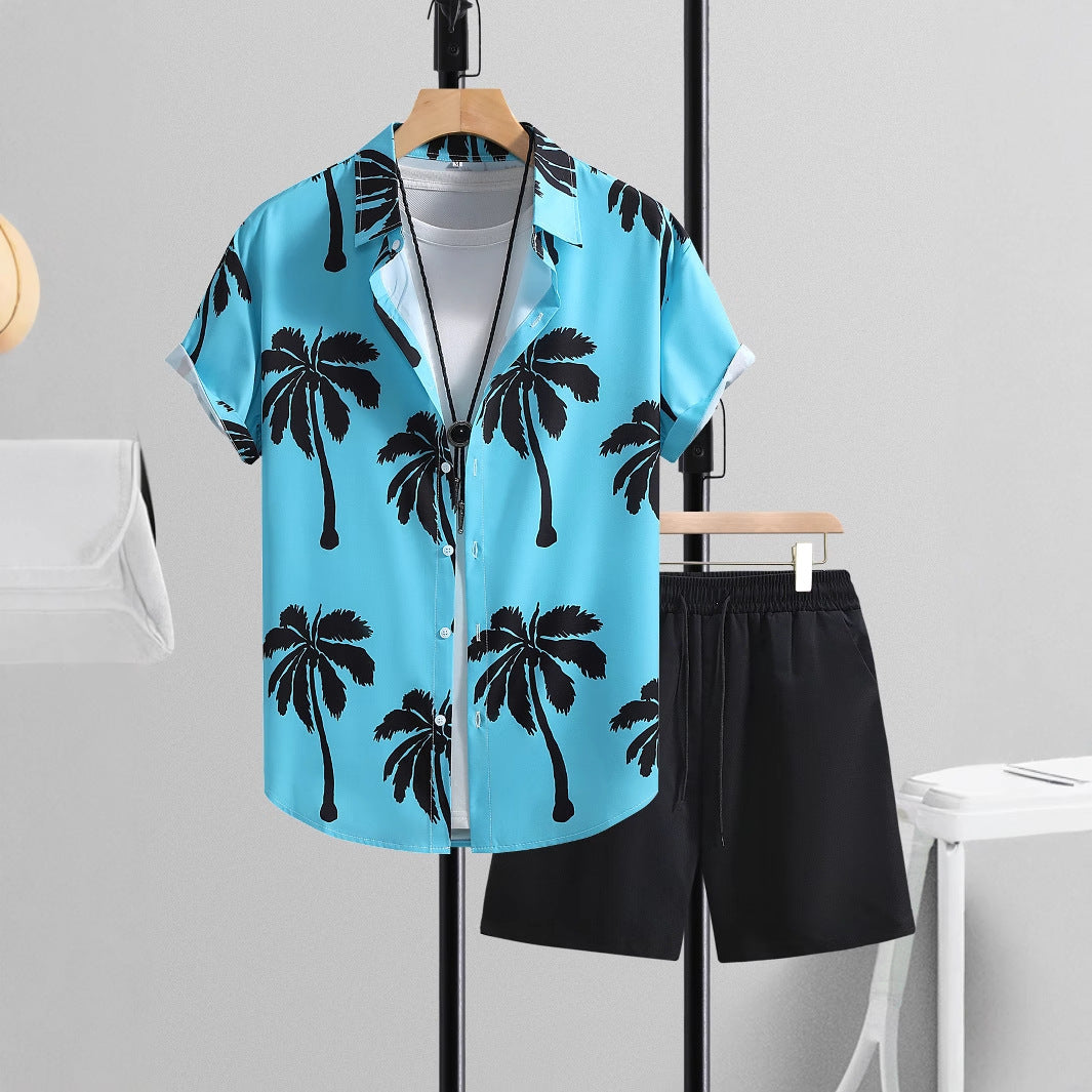 Summer Men's Short-sleeved Shirt Pants Suit (Sky Blue Suit, L)