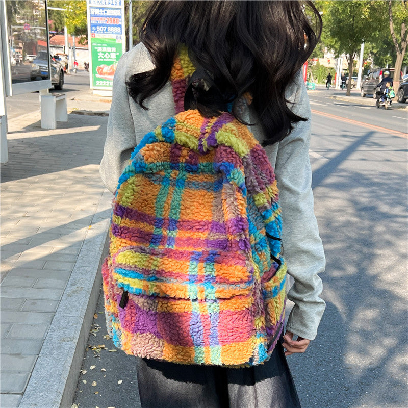 Retro Plush Plaid Lamb Wool Backpack (Plaid)
